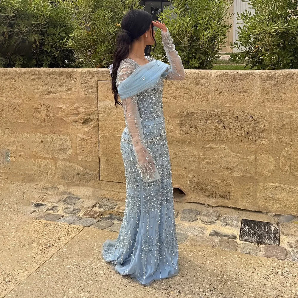 Luxury Dubai White Mermaid Beaded Evening Dress with Cape Sleeves LA72714 - SERENE HILL