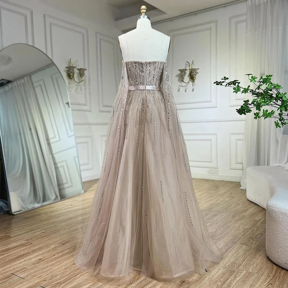 Luxury Black A Line Beaded Evening Dress with Cape Sleeves LA71824 - SERENE HILL