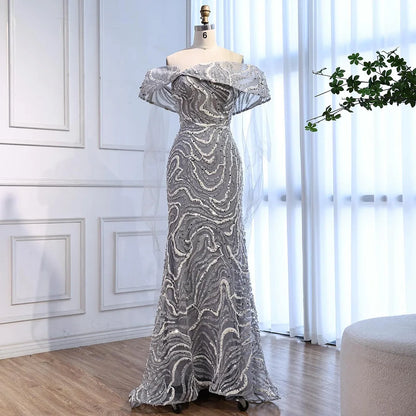 Luxury Gray Sequin Evening Dress with Cape Sleeves LA73125B - SERENE HILL