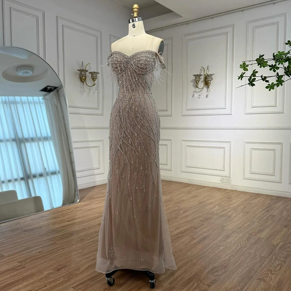 Luxury Nude Beaded Feather Mermaid Evening Dress Dubai Style LA72818 - SERENE HILL