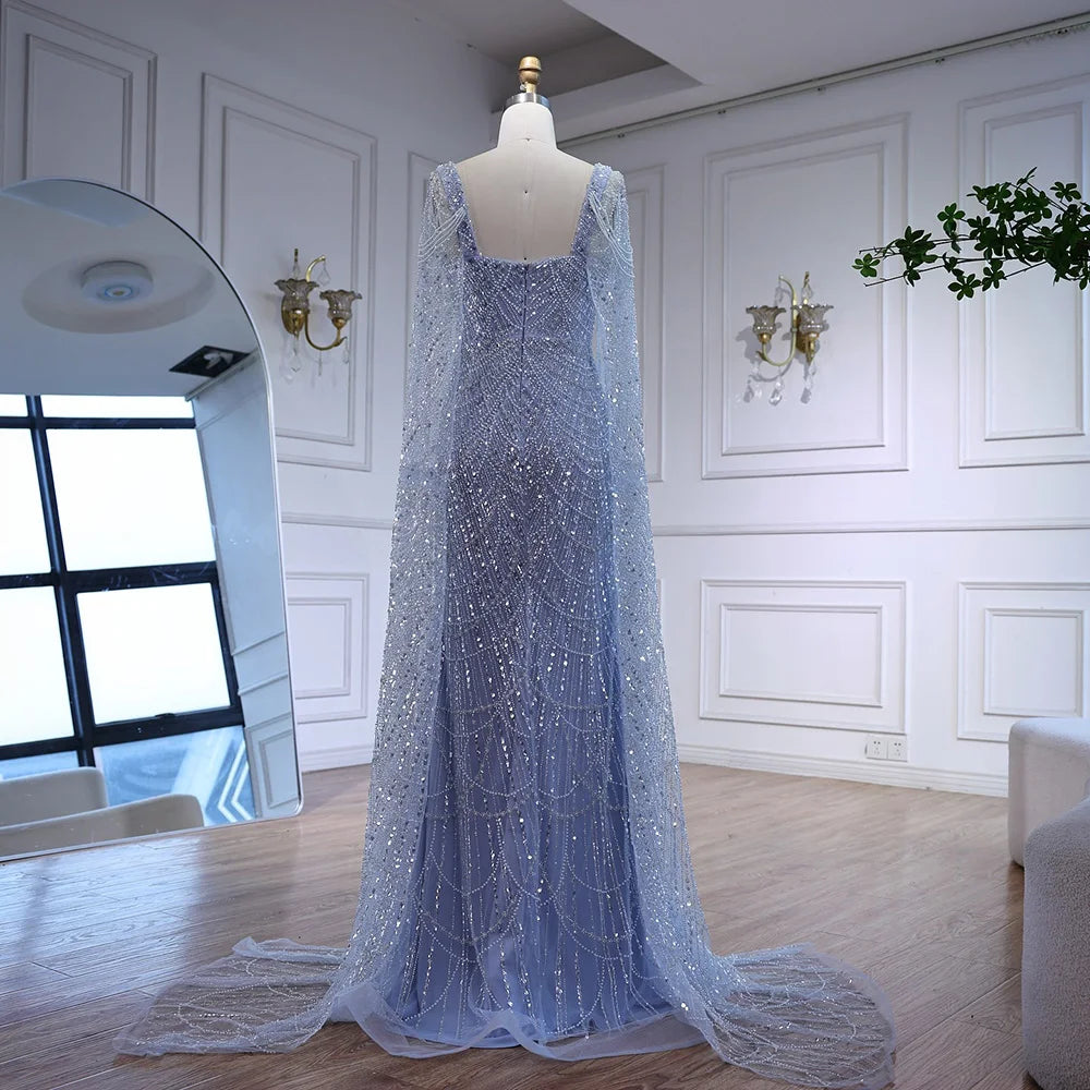 Luxury Turquoise Beaded Pearl Arabic Evening Dress with Cape Sleeves LA72590 - SERENE HILL