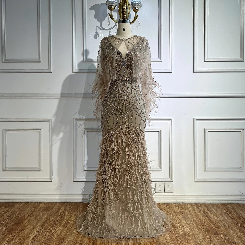 Luxury Caramel Feather Beaded Mermaid Evening Dress LA71866 - SERENE HILL
