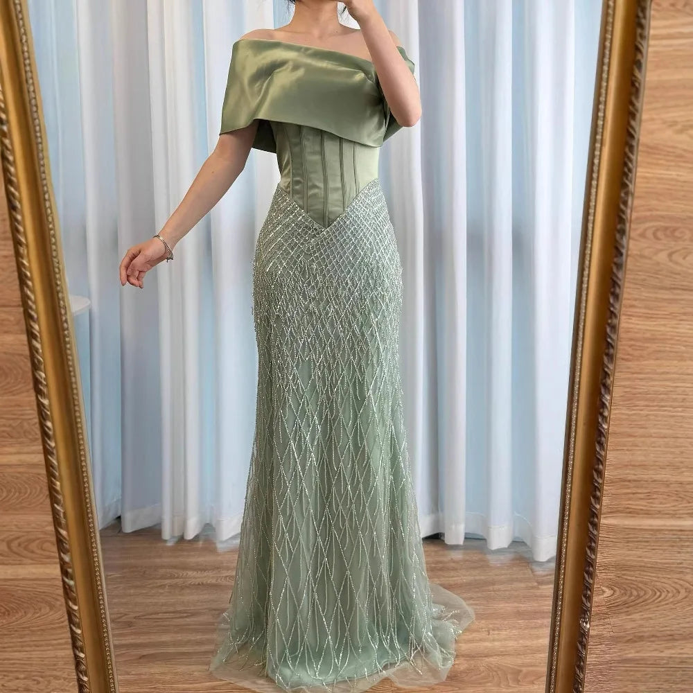 Sage Green Off Shoulder Tassel Beaded Mermaid Evening Dress LA73037 - SERENE HILL
