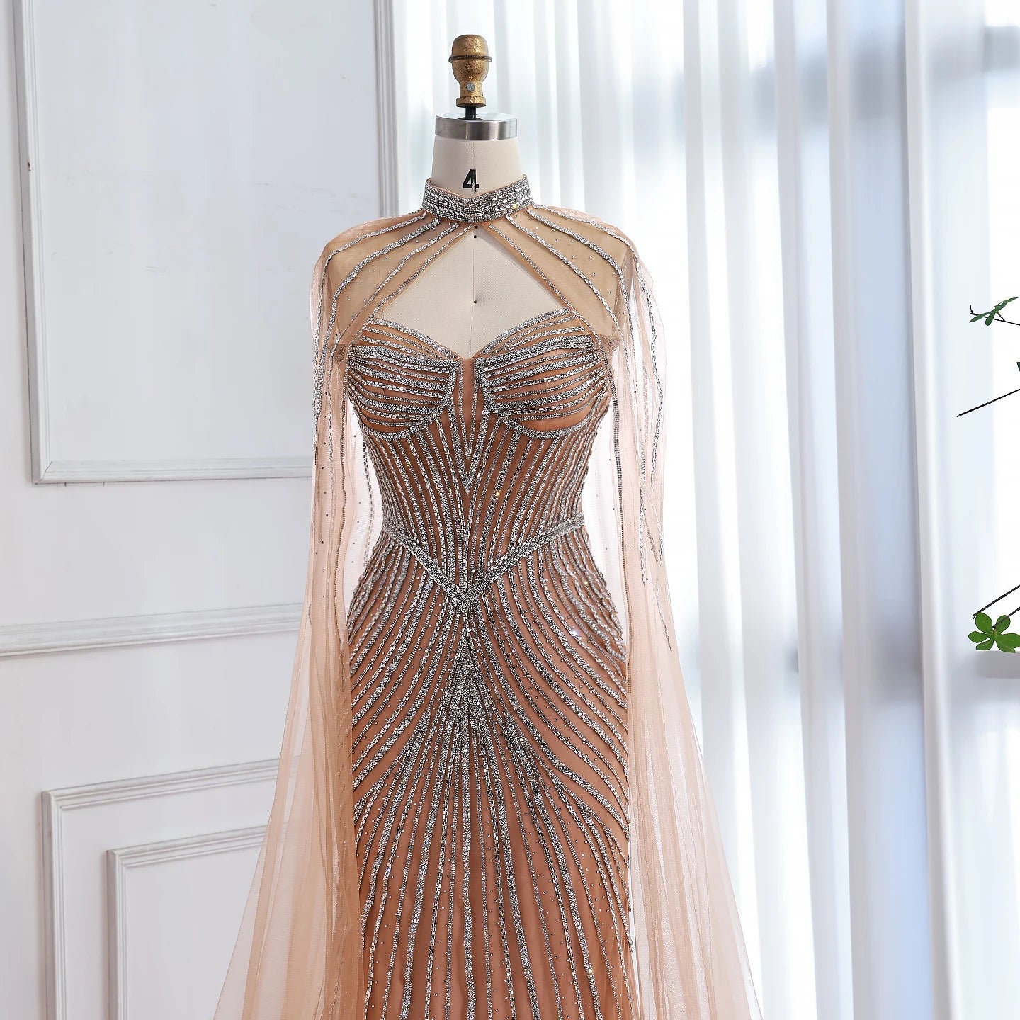 Luxury Nude Mermaid Evening Dress with Cape Sleeves LA73118 - SERENE HILL
