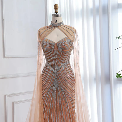 Luxury Nude Mermaid Evening Dress with Cape Sleeves LA73118 - SERENE HILL