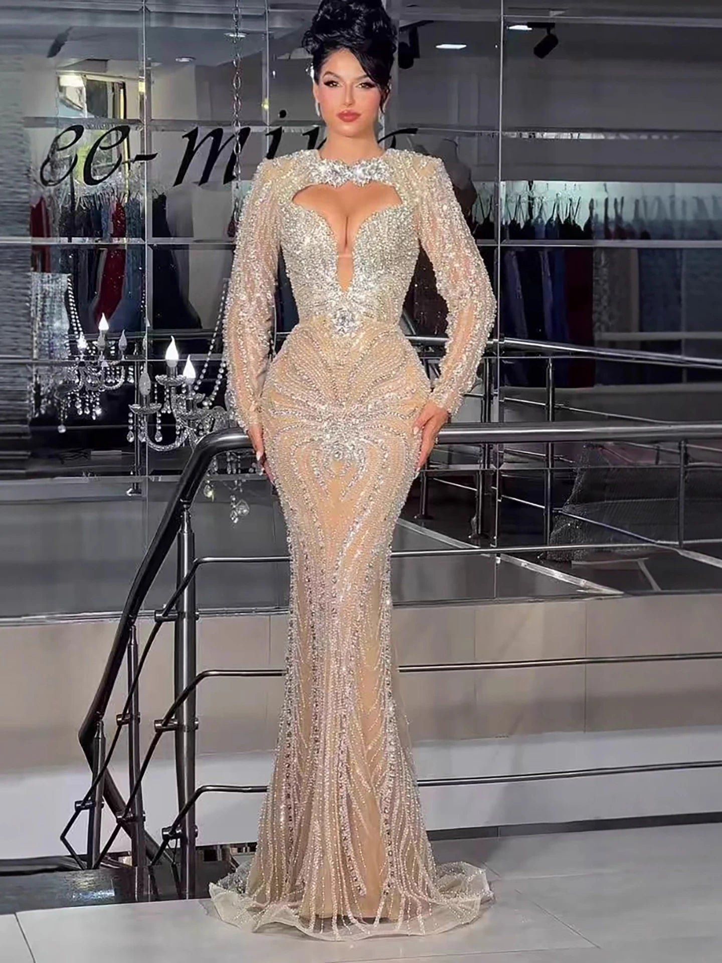 Luxury Nude Crystal Beaded Long Sleeve Mermaid Evening Dress LA73412 - SERENE HILL