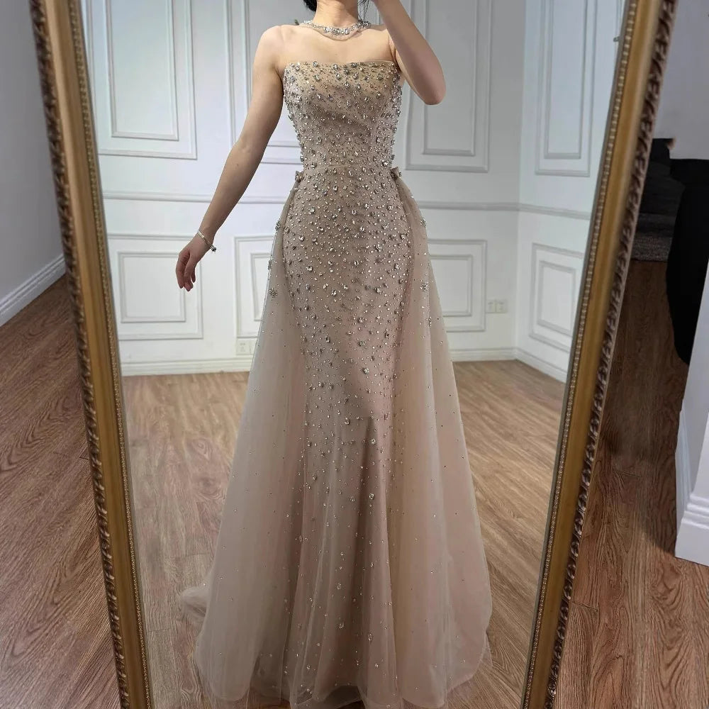 Luxury Arabic Pink Beaded Mermaid Evening Dress with Overskirt LA73084 - SERENE HILL