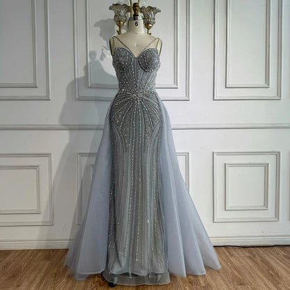 Luxury Nude Spaghetti Strap Mermaid Evening Dress with Overskirt Beaded LA73090 - SERENE HILL