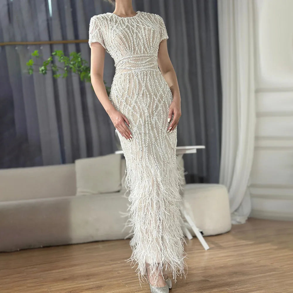 White Nude Ankle Length Beaded Evening Dress with Feathers LA72076A - SERENE HILL