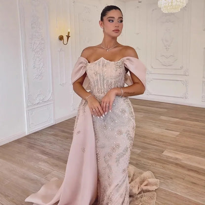 Luxury Nude Off Shoulder Pearl Beaded Mermaid Evening Dress with Overskirt LA73109 - SERENE HILL