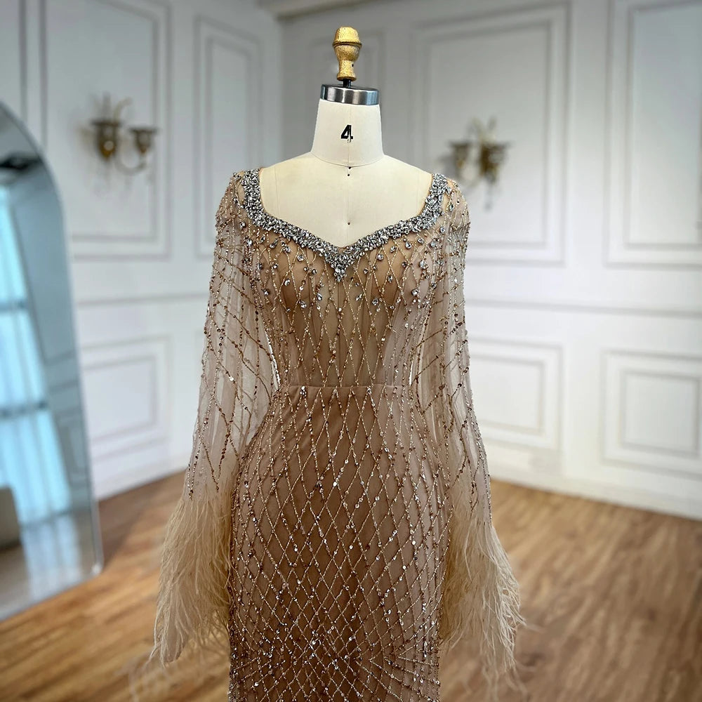 Luxury Nude Beaded Evening Dress with Feather Cuffs LA72892 - SERENE HILL