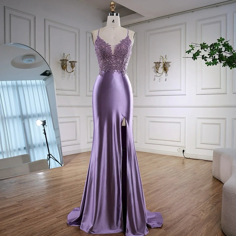 Luxury Purple Satin Prom Dress with Slit and Lace Appliques LA73040 –  SERENE HILL