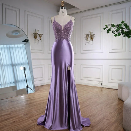 Luxury Purple Satin Prom Dress with Slit and Lace Appliques LA73040 - SERENE HILL