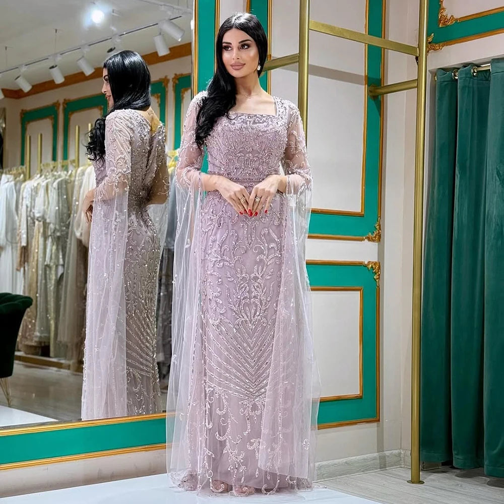 Arabic Caramel Beaded Mermaid Evening Dress with Cape Sleeves LA72400A - SERENE HILL