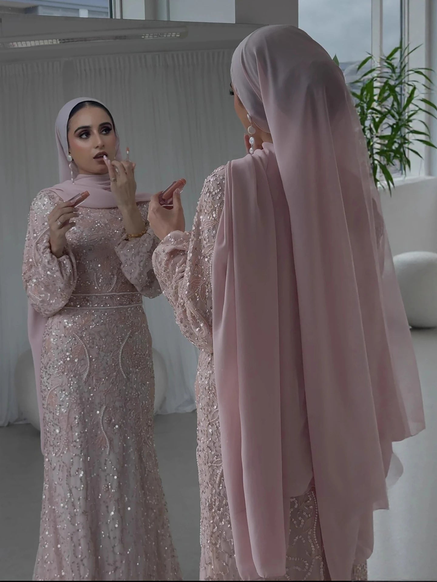 Luxury Pink Pearls Beaded Muslim Mermaid Evening Dress LA73417 - SERENE HILL