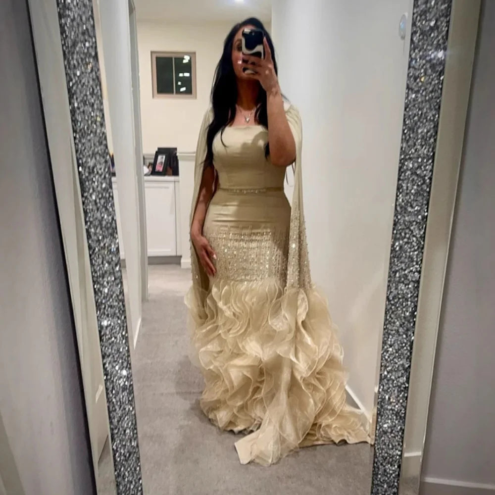 Elegant Nude Beaded Evening Dress with Cape Sleeves LA72317C - SERENE HILL