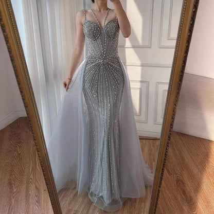 Luxury Nude Spaghetti Strap Mermaid Evening Dress with Overskirt Beaded LA73090 - SERENE HILL