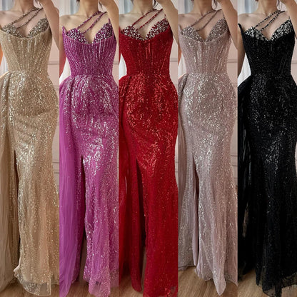 Luxury Nude Crystal Beaded One-Shoulder Evening Dress with Overskirt LA73161 - SERENE HILL