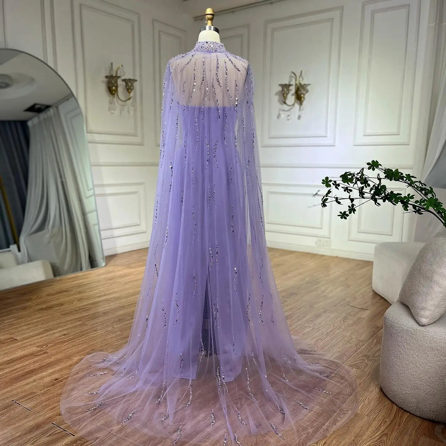 Lilac Elegant Evening Dresses with Luxury Beaded Long Cape Gown for Party LA72828 - SERENE HILL