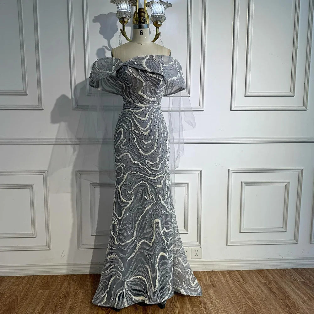 Luxury Gray Sequin Evening Dress with Cape Sleeves LA73125B - SERENE HILL