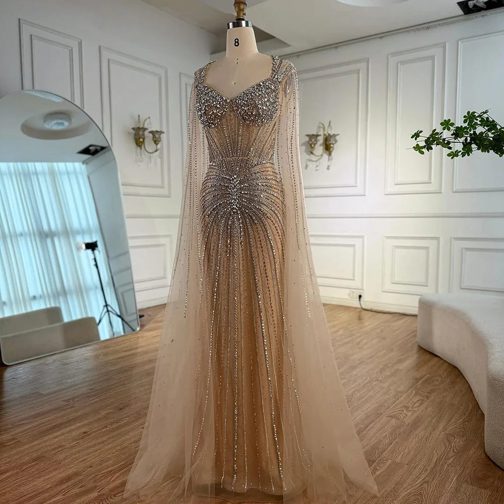 Luxury Nude Beaded Evening Dress with Cape Sleeves LA72575C - SERENE HILL