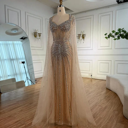 Luxury Nude Beaded Evening Dress with Cape Sleeves LA72575C - SERENE HILL