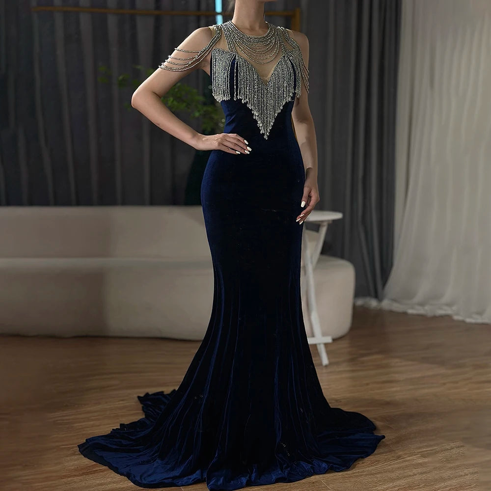 On Sale no return no refundSale 2025 Sleeveless Beading Tassel Mermaid Evening Dresses New Red Velour Sexy Elegant Evening Gowns Serene Hill LA6586 - SERENE HILL