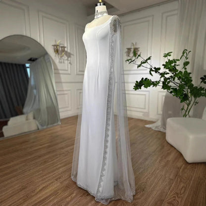 Luxury Blue Mermaid Beaded Evening Dress with Cape Sleeves LA72086 - SERENE HILL
