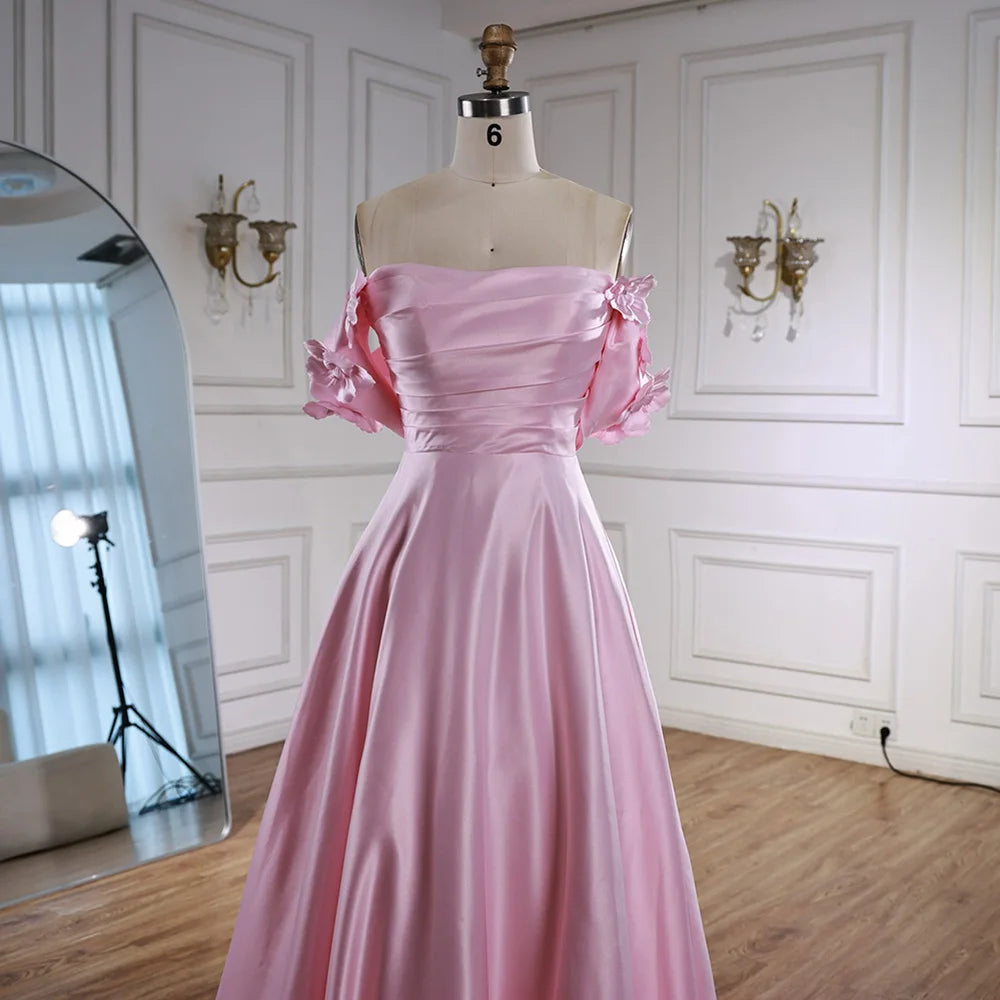 Luxury Pink Satin A Line Off Shoulder Arabic Evening Dress LA73036 - SERENE HILL