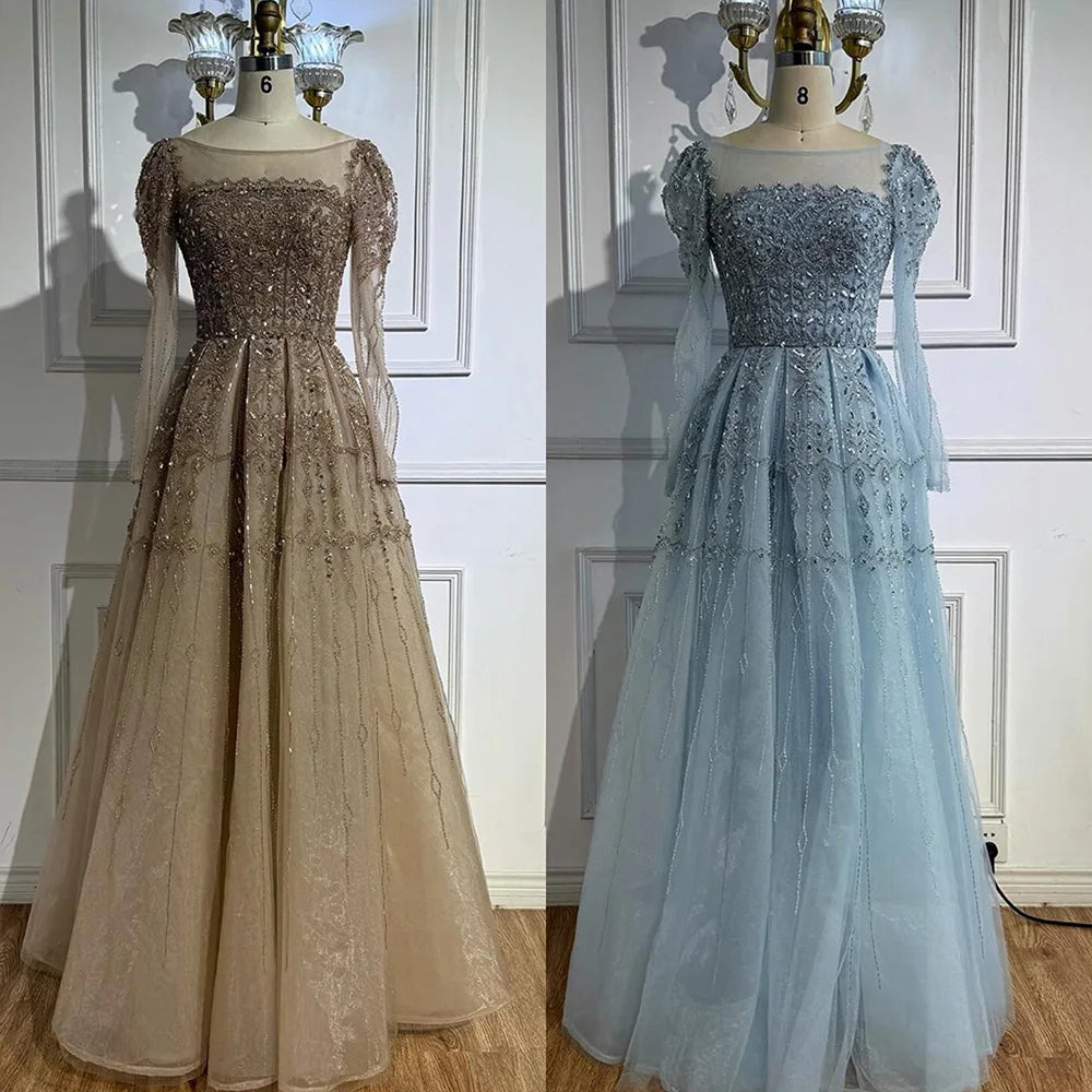 Luxury Caramel A-Line Beaded Evening Dress with Long Sleeves LA73077 - SERENE HILL