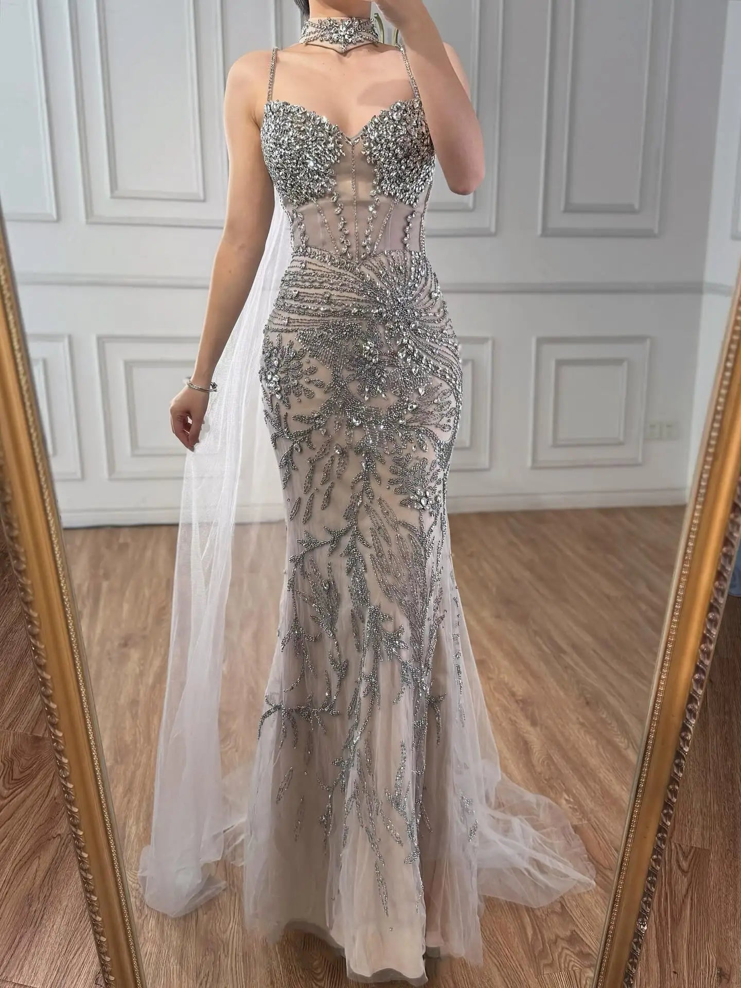 Luxury Evening Dress Grey Beaded With Cape Prom Gown LA73342 - SERENE HILL