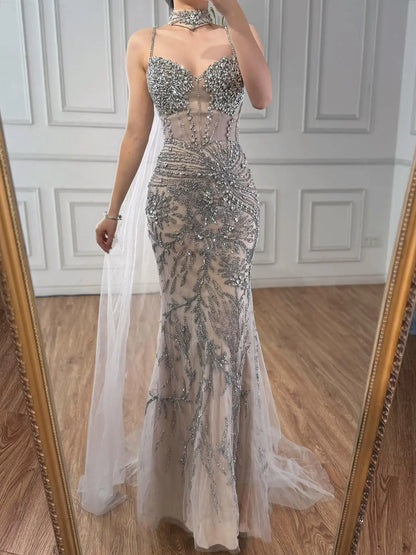 Luxury Evening Dress Grey Beaded With Cape Prom Gown LA73342 - SERENE HILL