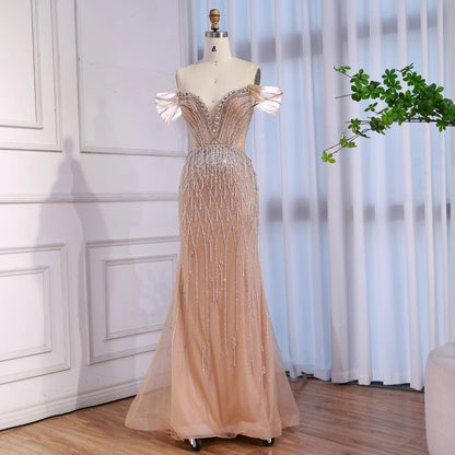 Luxury Nude Off Shoulder Beaded Tassel Evening Dress LA72854A - SERENE HILL