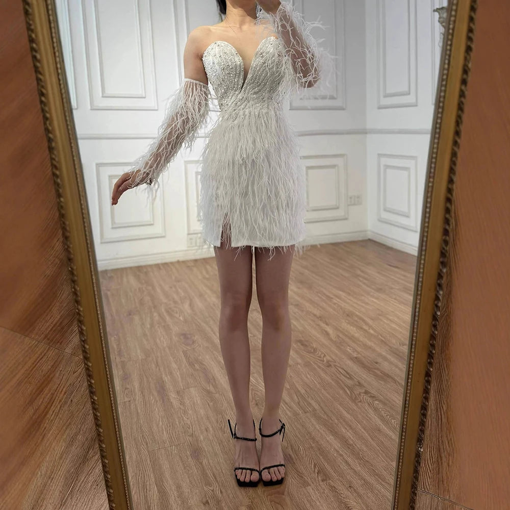 Luxury white short Beaded Mermaid Feather Cocktail Dress LA71770 - SERENE HILL