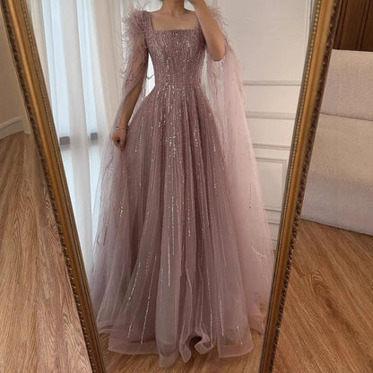 Blue Luxury Feathers Arabic Evening Dresses with Cape LA72236 - SERENE HILL
