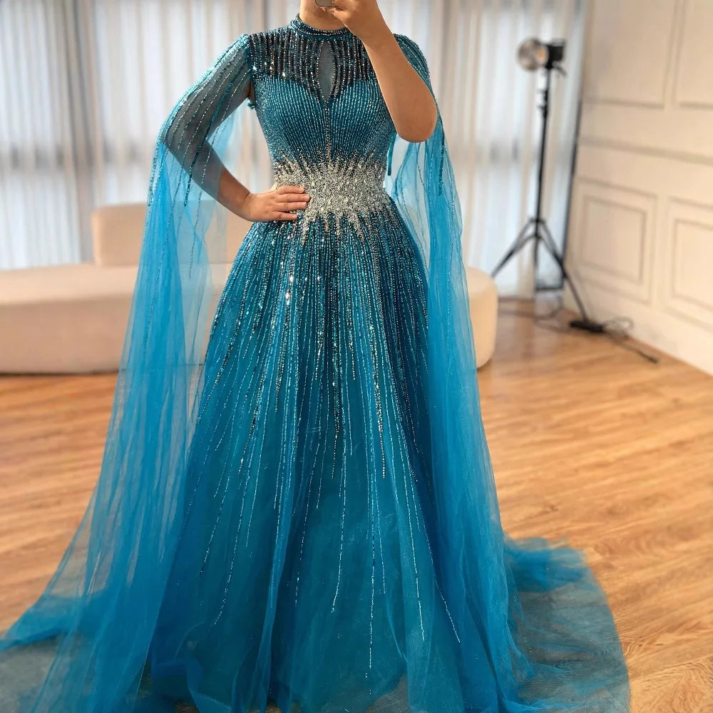 beaded party dress modest cape sleeeve round neck Noor Modest Long Drape Sleeves Beaded A-line Gown Champagne / 24 main image 0