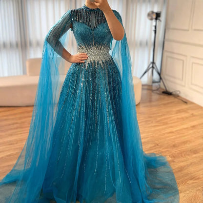 Luxury Modest Blue Beaded Evening Dress with Cape LA73059 - SERENE HILL