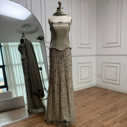 Luxury Caramel Satin Beaded Evening Dress with Bodice LA72805C - SERENE HILL