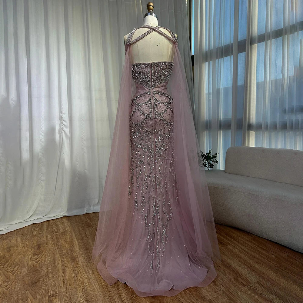 Luxury Nude Cape Sleeves Beaded Crystal Evening Dress LA72806 - SERENE HILL