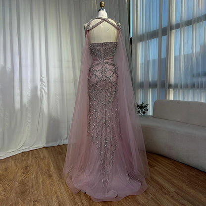 Luxury Nude Cape Sleeves Beaded Crystal Evening Dress LA72806 - SERENE HILL