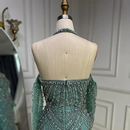 Luxury Turquoise Mermaid Evening Dress Detachable Sleeves LA72925 - SERENE HILL