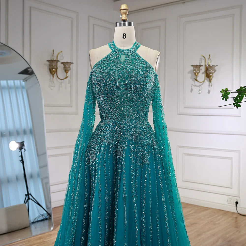 Luxury Turquoise Beaded A Line Evening Dress with Cape Sleeves LA72820 - SERENE HILL