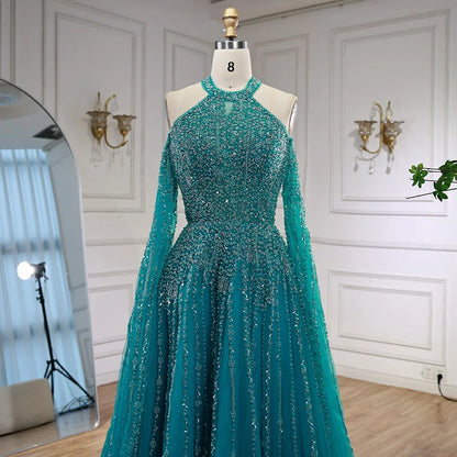 Luxury Turquoise Beaded A Line Evening Dress with Cape Sleeves LA72820 - SERENE HILL