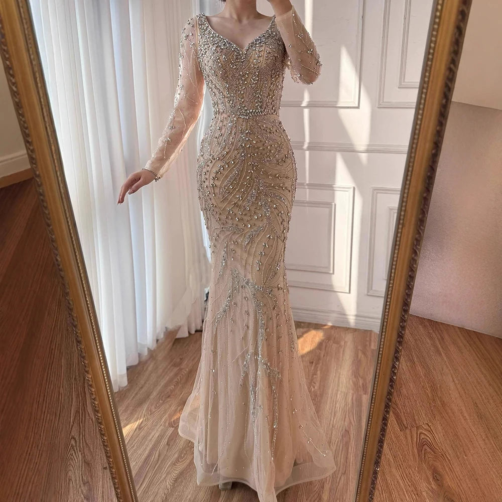 Luxury Muslim Nude Arabic Mermaid Beaded Evening Dress LA73191 - SERENE HILL