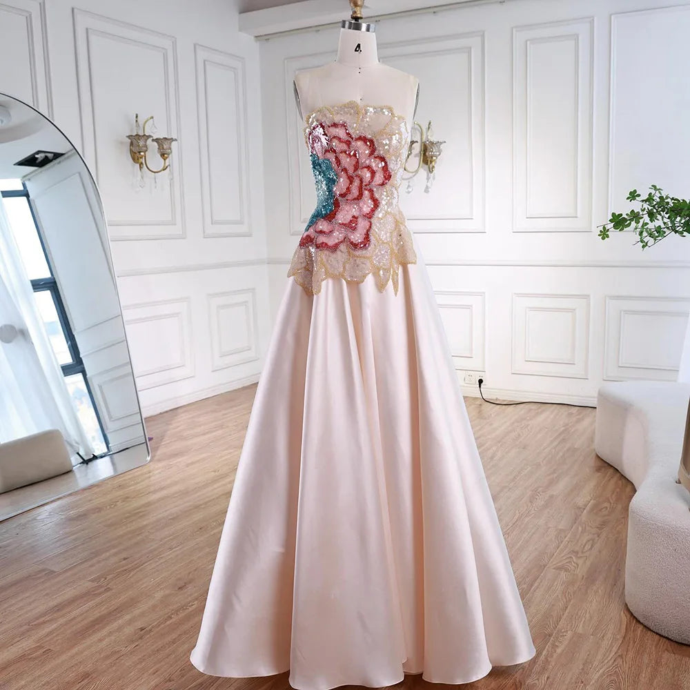 Luxury Chic Arabic Designer Beaded Satin A-Line Evening Dress LA72195B - SERENE HILL