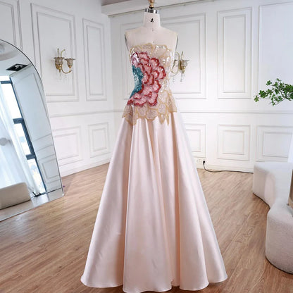 Luxury Chic Arabic Designer Beaded Satin A-Line Evening Dress LA72195B - SERENE HILL