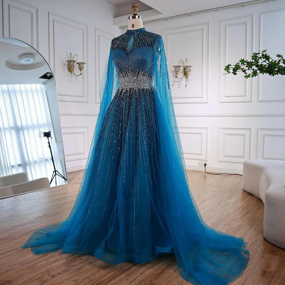midi blue satin dress Luxury Modest Blue Beaded Evening Dress with Cape LA73059 Blue / 8