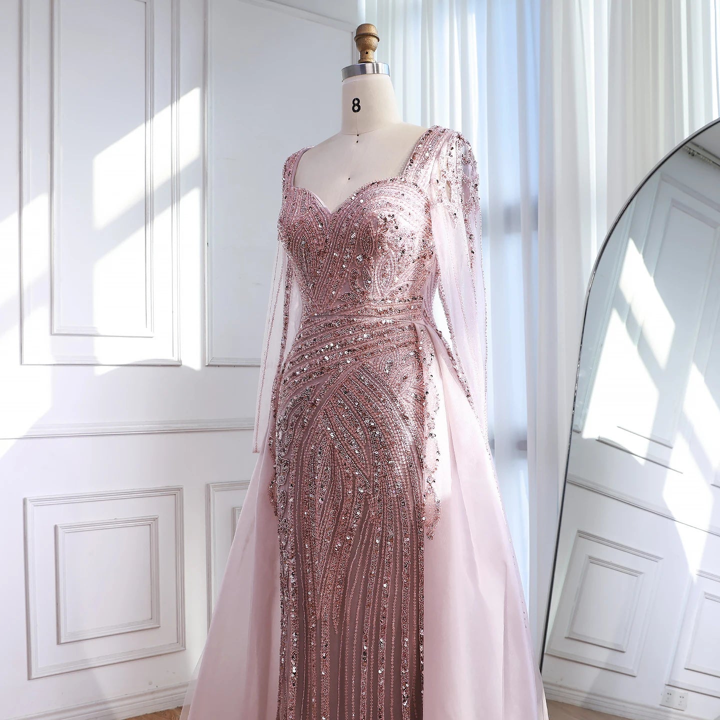 Luxury Dubai Pink Evening Dress Long Sleeve with Train LA73198 - SERENE HILL