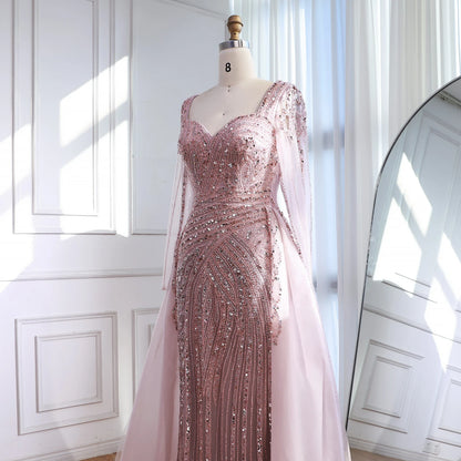 Luxury Dubai Pink Evening Dress Long Sleeve with Train LA73198 - SERENE HILL