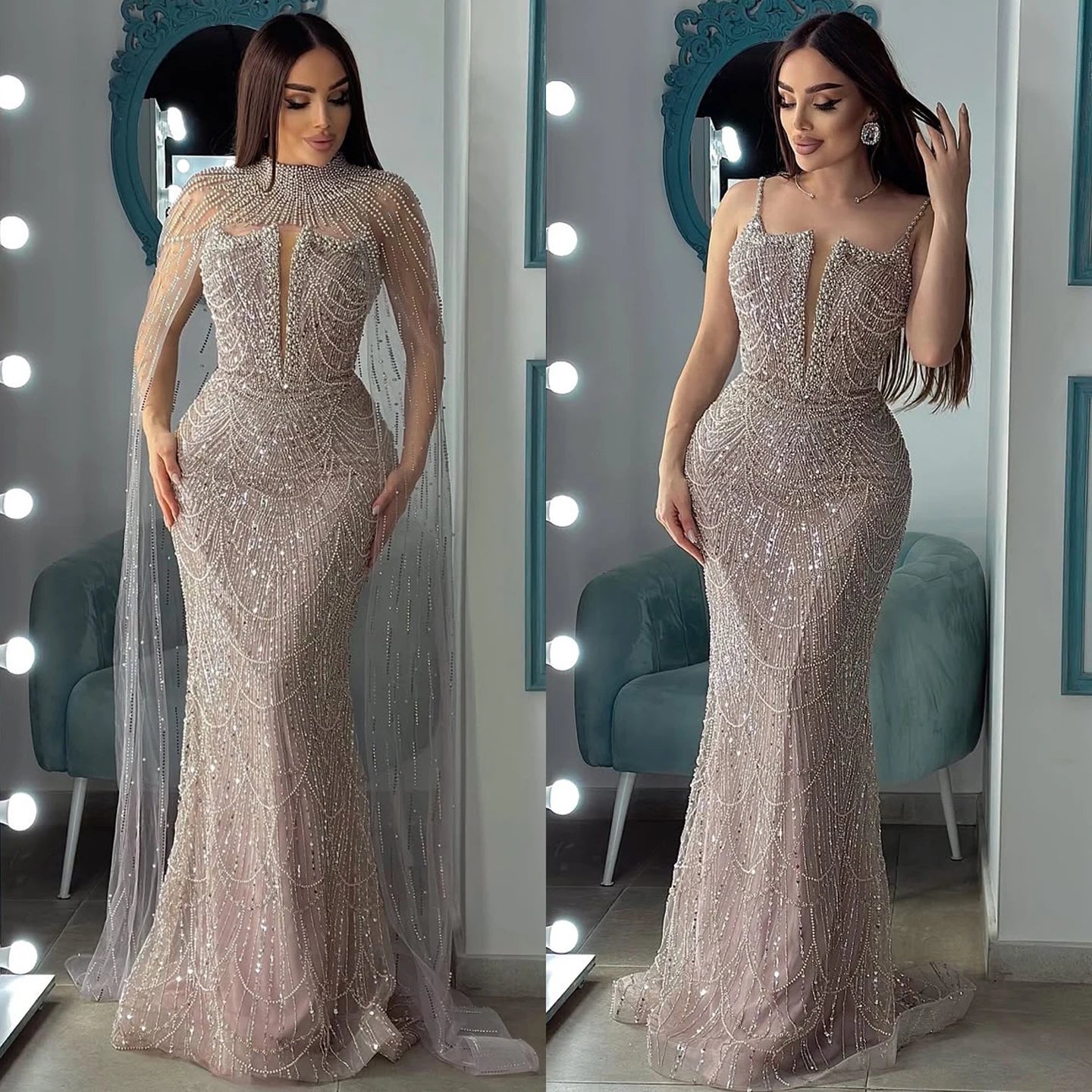 Luxury Evening Dress Nude Pearls Beaded Gown With Tulle Train LA72189A - SERENE HILL